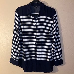 TALBOTS Size MP Long Sleeve Lightweight Button Down Shirt Navy White Stripe NEW